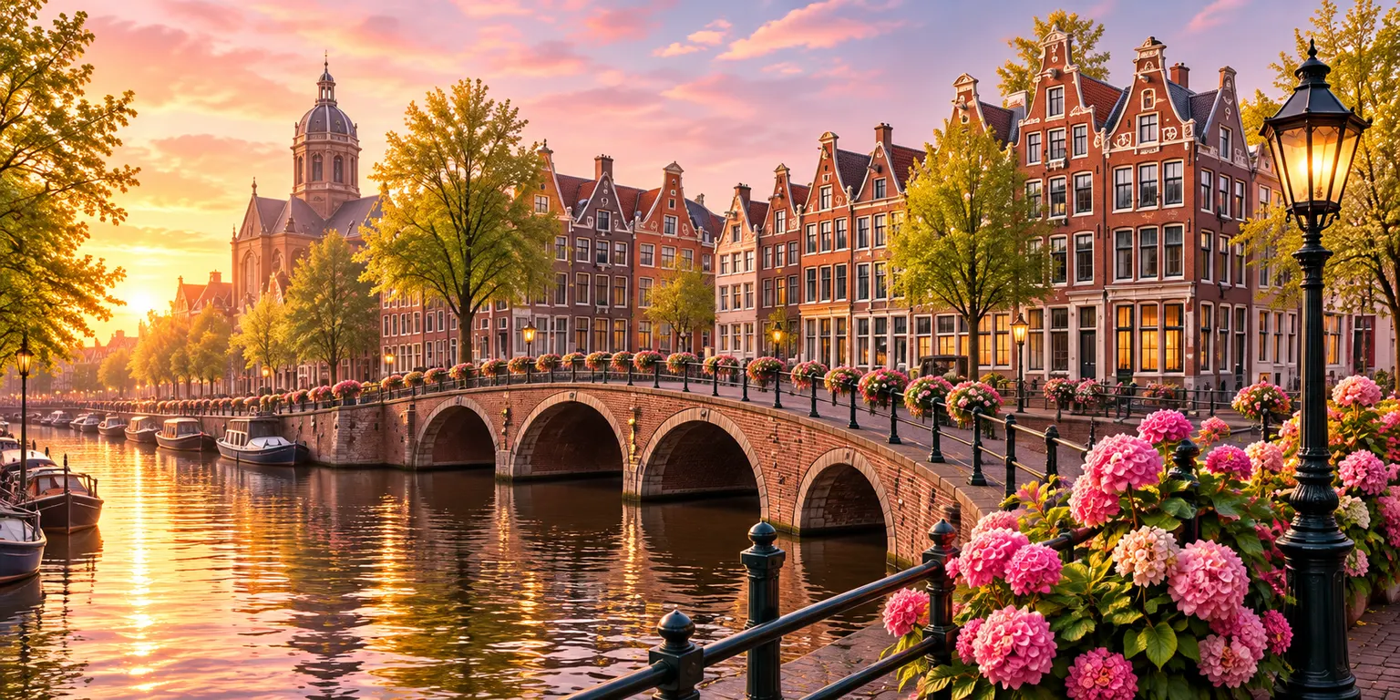 An Amsterdam canal and bridge at sunset, with pink flowers along the railings